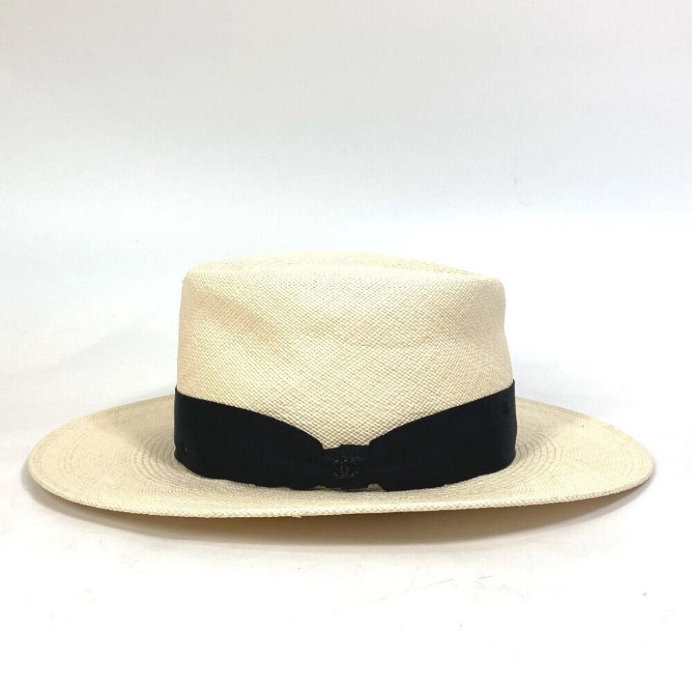 CHANEL CC CC Mark Grosgrain Ribbon 19V hat straw hat straw Beige/Black - Picture 2 of 9